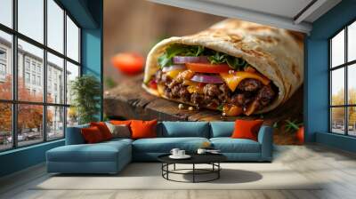 Fresh tasty beef burger wrap with onion, cheese and vegetables Wall mural