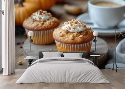 Freshly baked pumpkin muffins with a cup of coffee  Wall mural