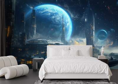 Futuristic space station orbiting a blue gas giant, astronauts working outside, cosmic backdrop, glowing nebula, intricate machinery, serene yet busy atmosphere. Wall mural