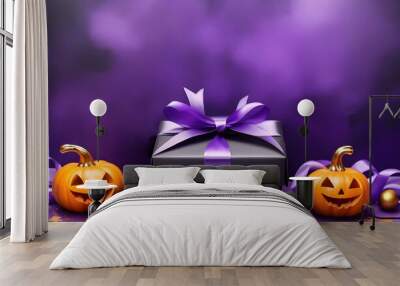 Gift box with bows decorated in Halloween style Wall mural