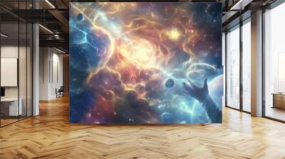 God's hand reaching towards cosmic nebula filled with vibrant stars and planets, exploring the universe. Space exploration, science, astronomy, curiosity, galaxy, astrophysics concept. Wall mural