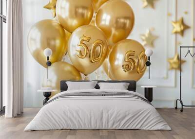 Golden 50 balloon for fiftieth birthday or anniversary Wall mural