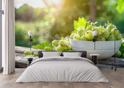 gooseberry in a white bowl on a wooden table, nature background. Selective focus Wall mural