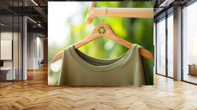 Green dress on clothes hanger with recycling symbol on blurred background, closeup Wall mural