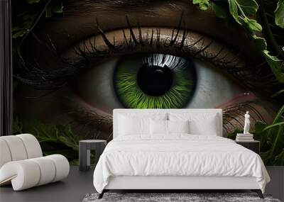 Green Eye with Focused Detail and Individual Eyelashes in Macro Photography. Floral concept. Generative AI	 Wall mural