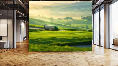 green transport truck driving through green meadow at sunrise Wall mural