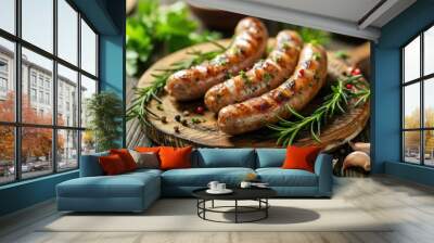 Grilled sausages with herbs and spices on a wooden background Wall mural