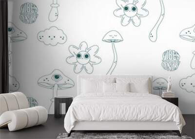 Groovy linear mushroom patter seamless. Vector illustration Wall mural