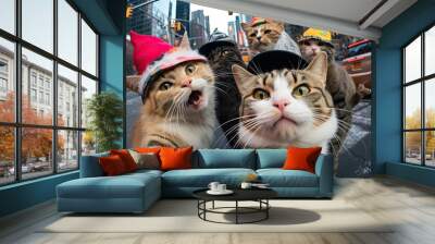 Group of funny happy cats taking a selfie with surprise expression, wearing birthday party hats, New Year eve, downtown, NYC, Times Square Wall mural