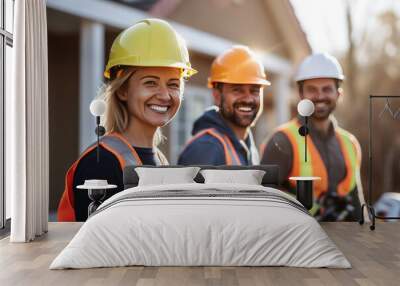 Group of happy builders in hardhats standing together on construction site Wall mural