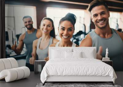 Group of happy young people in sportswear showing thumbs up in gym Wall mural