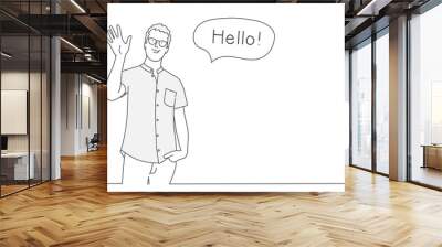 Guy waving hand. Contour drawing vector illustration. Line art. Wall mural