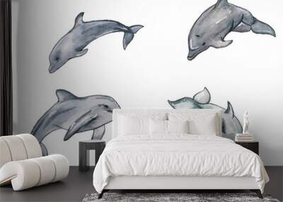 Hand drawn illustration set of watercolor swimming dolphins isolated on white background Wall mural