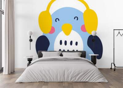 Hand drawn penguin in headset vector illustration. Design for T-shirt, textile and prints. 
 Wall mural