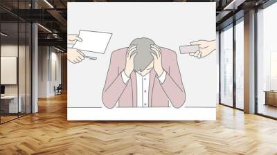 Hand drawn vector illustration of man character holds his head. Tiredness concept. Wall mural