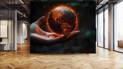 Hand holding a globe with digital data overlays Wall mural