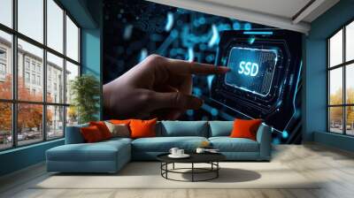 Hand Interacting with High-Tech Digital Interface Displaying SSD Technology Concept. Wall mural