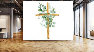 Hand painted Cross Clipart, Watercolor Christian wooden cross with florals eucalyptus bouquet, Baptism Cross, Holy Spirit, Easter Religious illustration Wall mural