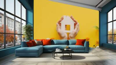 Hands holding a small white house model against a yellow background with flowers. Real estate, home ownership, residential property, ecofriendly housing, home decoration concept. Wall mural