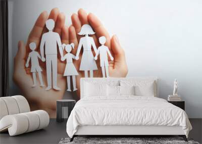 hands holding paper family cutout isolated on white background Wall mural