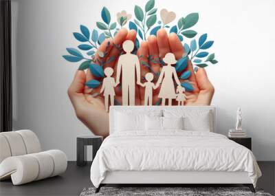 hands holding paper family cutout isolated on white background Wall mural