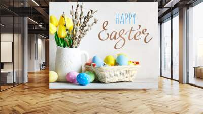 Happy Easter. Congratulatory easter background. Easter eggs and flowers. Wall mural