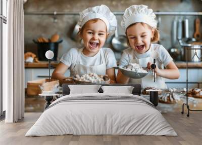 Happy kids baking delicious cookies white modern kitchen background Wall mural