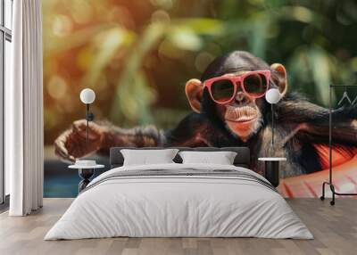 happy monkey wear sunglasses and with an inflatable ring on his neck. copy space Wall mural