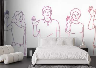 Happy people greet with a gesture, wave hand. Rainbow. Wall mural