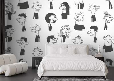 Happy people - hand drawn seamless pattern of a crowd of many different people. Wall mural