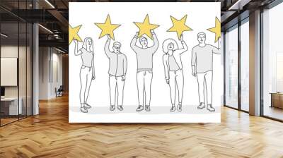 Happy people holding 5 huge golden stars. Rate the product quality. Hand drawn vector illustration. Wall mural