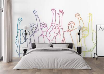 Happy people raised arms. Rainbow colors in linear vector illustration. Wall mural