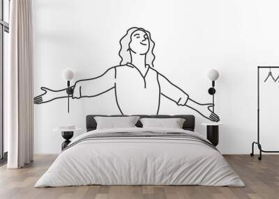 Happy woman stretching arms and relaxing. Hand drawn vector illustration. Wall mural