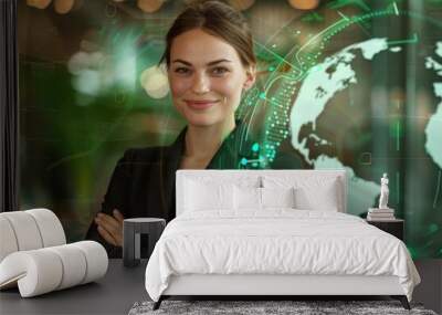 Happy young european businesswoman with folded arms and holographic screen with digital globe interface and business Wall mural