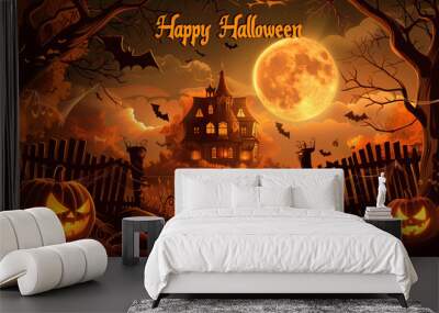 Haunted house with pumpkins and bats under a full moon in a spooky Halloween night scene. Halloween decorations, haunted attraction, spooky background, seasonal greeting card, holiday celebration. Wall mural