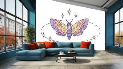 Hawk moth acherontia atropos butterfly round magic linear shape with stars. Abstract mystic sign. Perfect design for magic craft. Hand drawn vector illustration. Wall mural