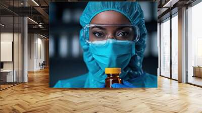 Health worker dons protective gear, including a face mask and goggles, ready to provide care in a medical facility amidst ongoing health crises and pandemic conditions Wall mural