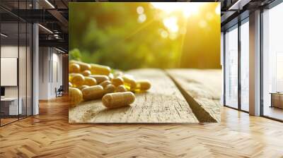 Herbal capsules from herbs on rustic wooden table with leaf for healthy lifestyle Wall mural