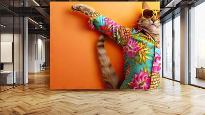 hipster summer cat in orange studio Generative AI Wall mural