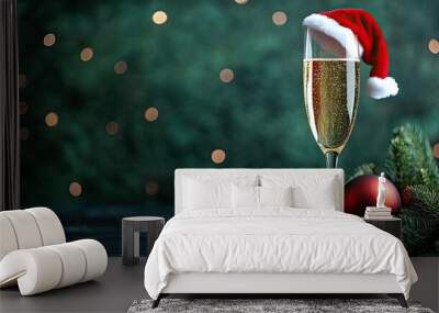 Holiday Champagne Glass with Santa Hat and Decorations Wall mural