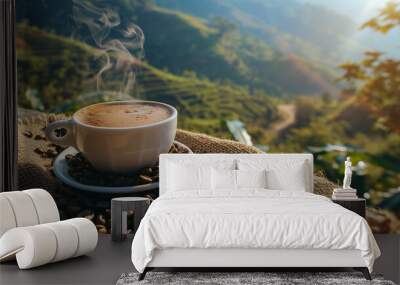 Hot coffee cup with organic coffee beans on the wooden table and the plantations background with Wall mural