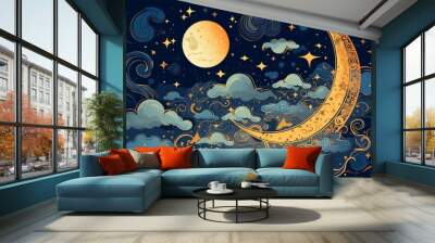 Illustration of Moon in Cloudy Night Sky. Generative ai Wall mural