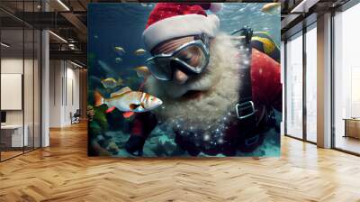 Santa Swimming Underwater with Exotic Sealife. Generative ai Wall mural