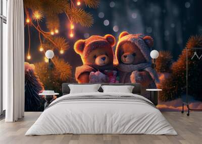 Two Adorable Teddy Bears Enjoying Christmas Time Outside. Generative ai Wall mural