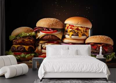 Huge delicious grilled greasy craft beef burgers with cheese, bacon, onion rings, tomatoes, and vegetables on pitch black background. Generative AI Wall mural