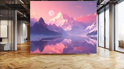 Illustration of a winter mountain landscape with a lake on a pink sunset background Wall mural