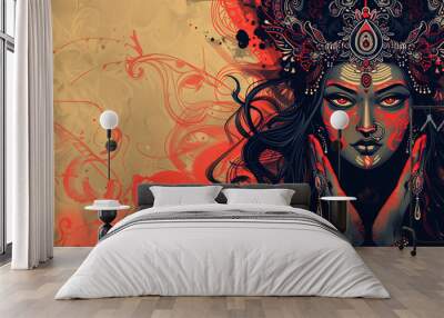 Illustration of Indian Goddess Kali Maa with Intense Expression and Ornate Details. Wall mural