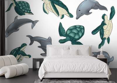 Illustration vector set of swimming dolphins and turtle with isolated on white background Wall mural