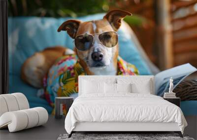 A funny cool dog in a Hawaiian shirt and sunglasses is lying on a deckchair and reading a magazine on the beach. Concept of creative animals, jokes Wall mural