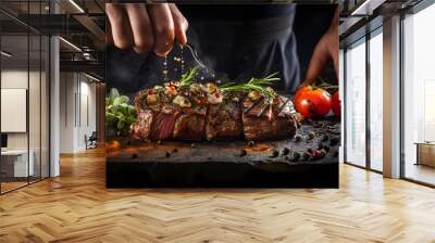 Chef hands cooking meat steak on concrete background. Generative AI Wall mural